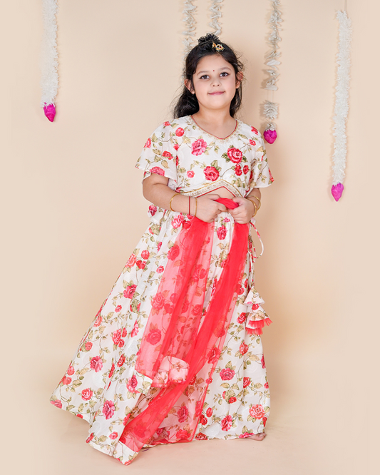 Chana Mama Girls White Floral Lehenga Set
