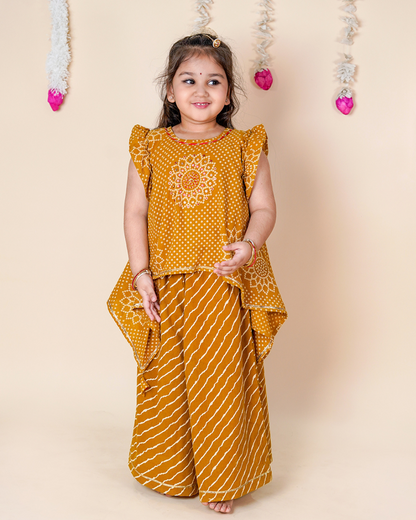 Mustard Bandhani Asymmetric Top & Palazzo