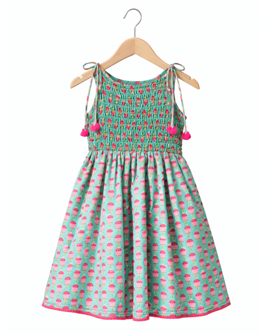 Baby Girls Hand Block Print Sleeveless Smocked Dress