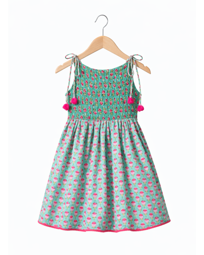 Baby Girls Hand Block Print Sleeveless Smocked Dress