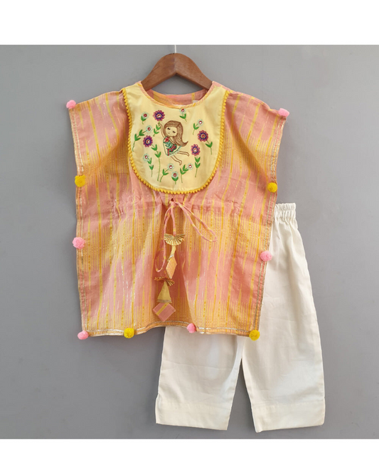 GIRLS :Peach Doll Embroidered Kaftan With Pant Set