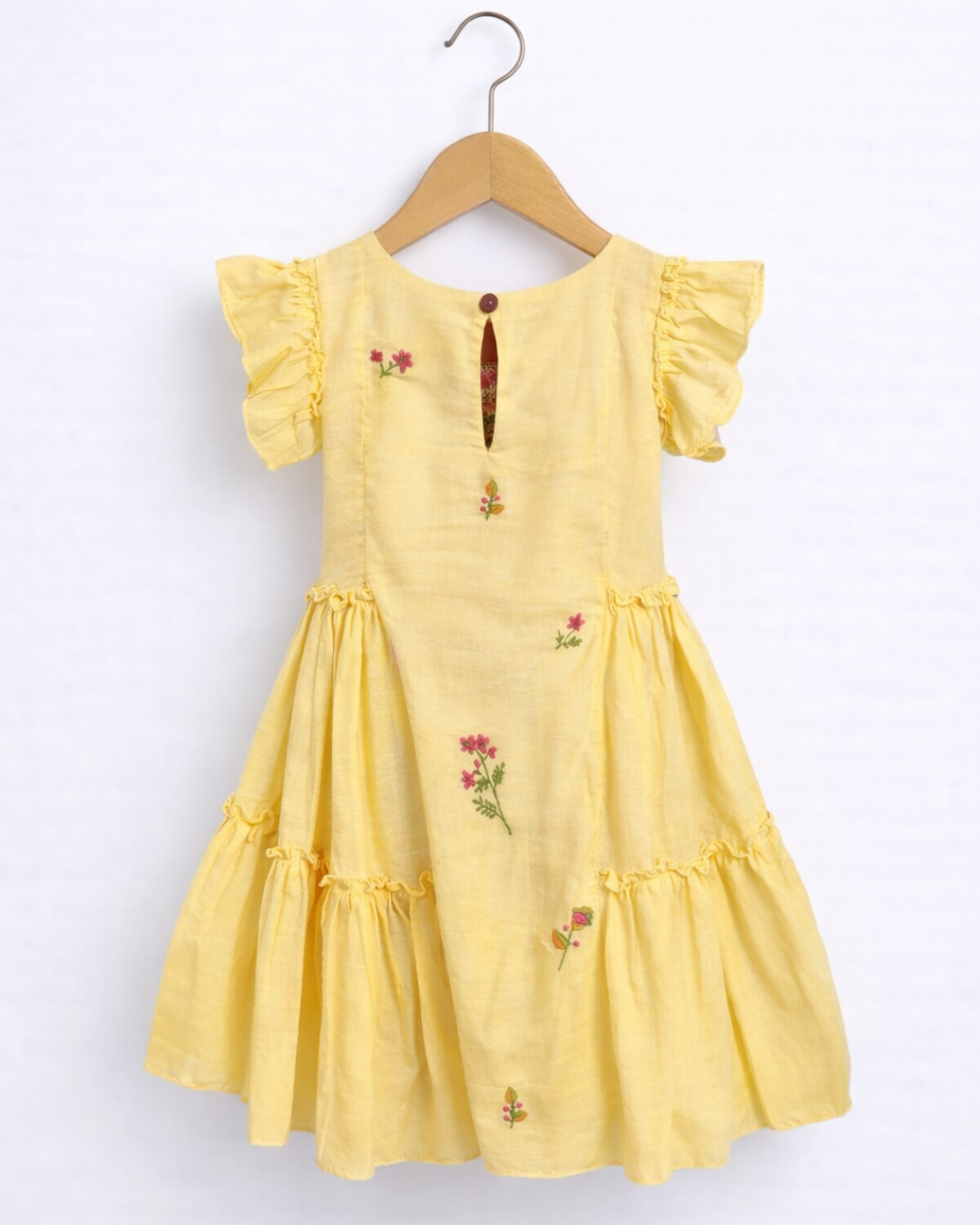Girls Floral Embroidered Yellow Cotton Dress
