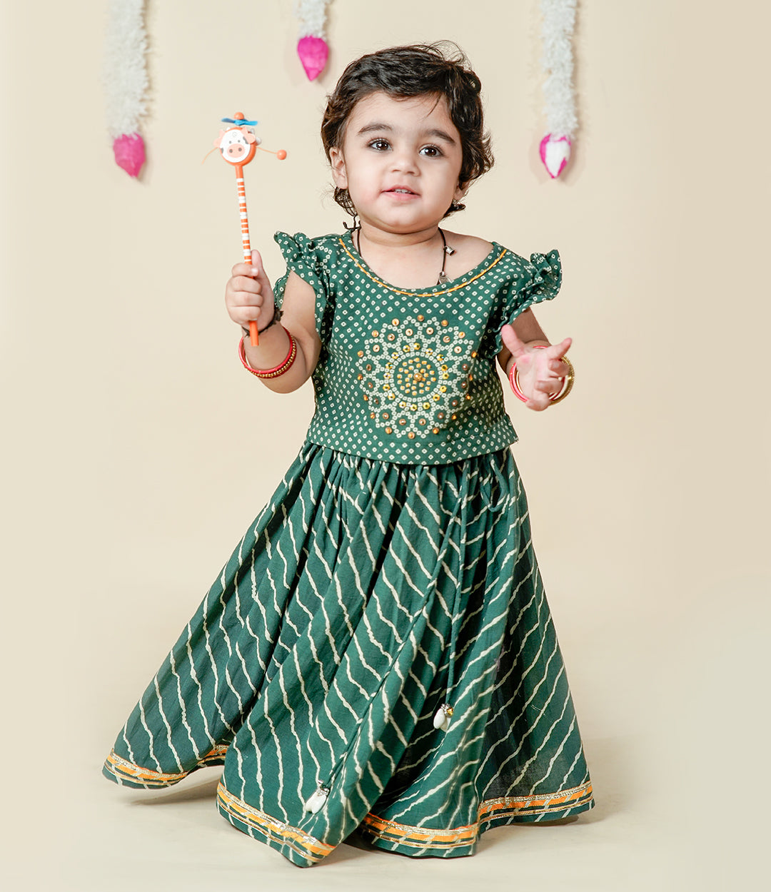 baby girl green bandhani lehenga
