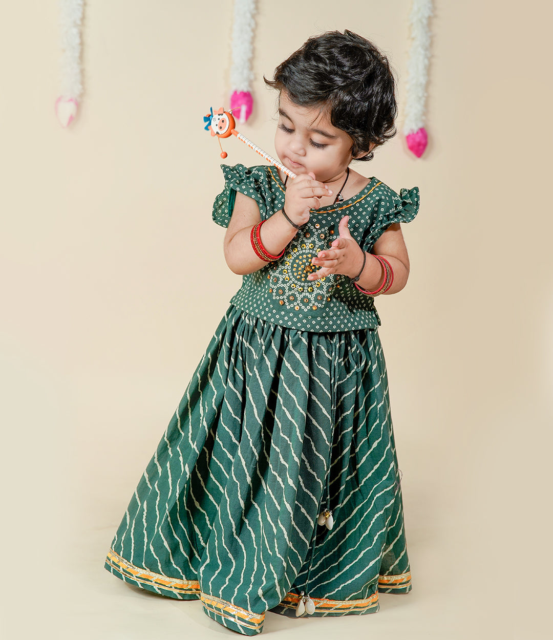 baby girl green bandhani and leheriya lehenga