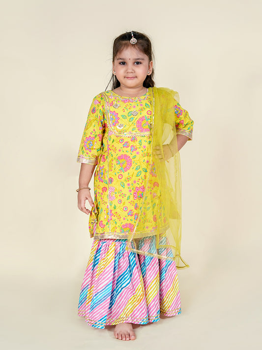 Sunshine Bloom – Yellow Kurta with Leheriya Sharara Set for Girls