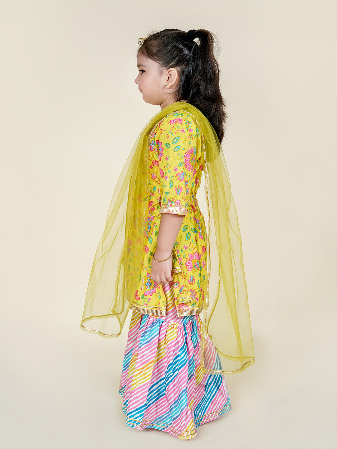 Sunshine Bloom – Yellow Kurta with Leheriya Sharara Set for Girls
