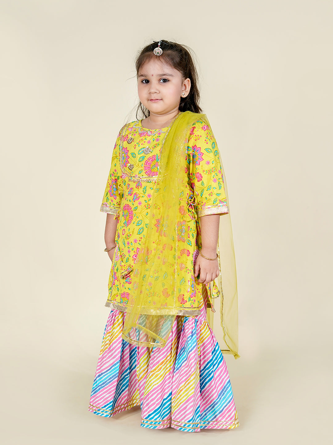 Sunshine Bloom – Yellow Kurta with Leheriya Sharara Set for Girls