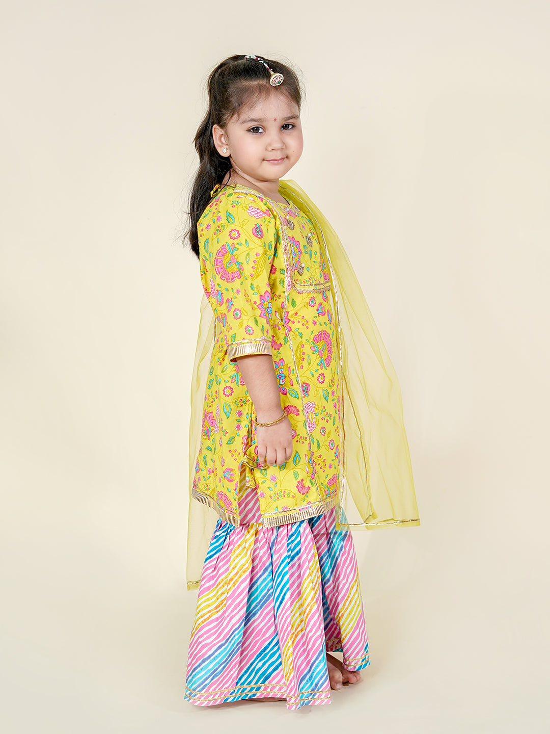 Sunshine Bloom – Yellow Kurta with Leheriya Sharara Set for Girls