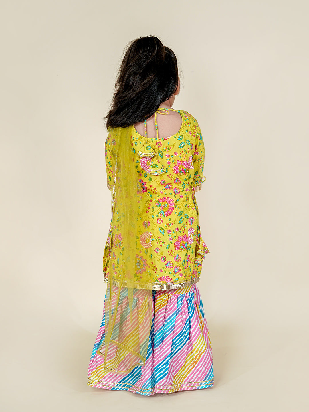 Sunshine Bloom – Yellow Kurta with Leheriya Sharara Set for Girls