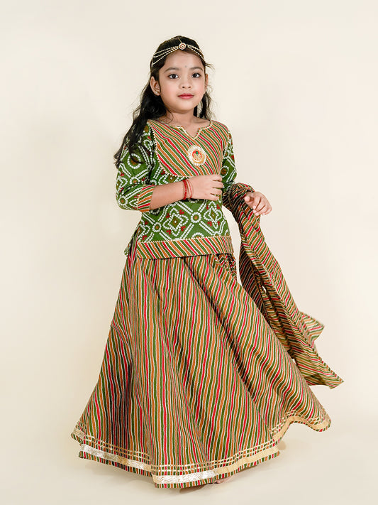 Festive Style – Bandhani Kurti With Leheriya Lehenga And Dupatta Set for Girls