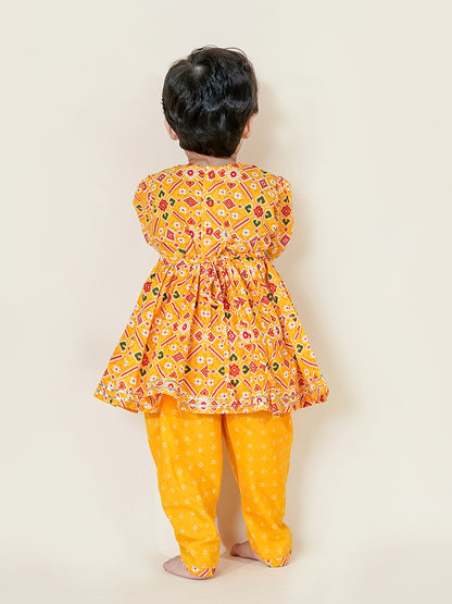 Festive Charm – Mustard Patola Kurti Dhoti Set for Baby Girls
