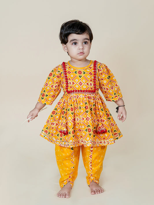 Festive Charm – Mustard Patola Kurti Dhoti Set for Baby Girls
