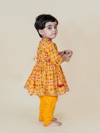 Festive Charm – Mustard Patola Kurti Dhoti Set for Baby Girls