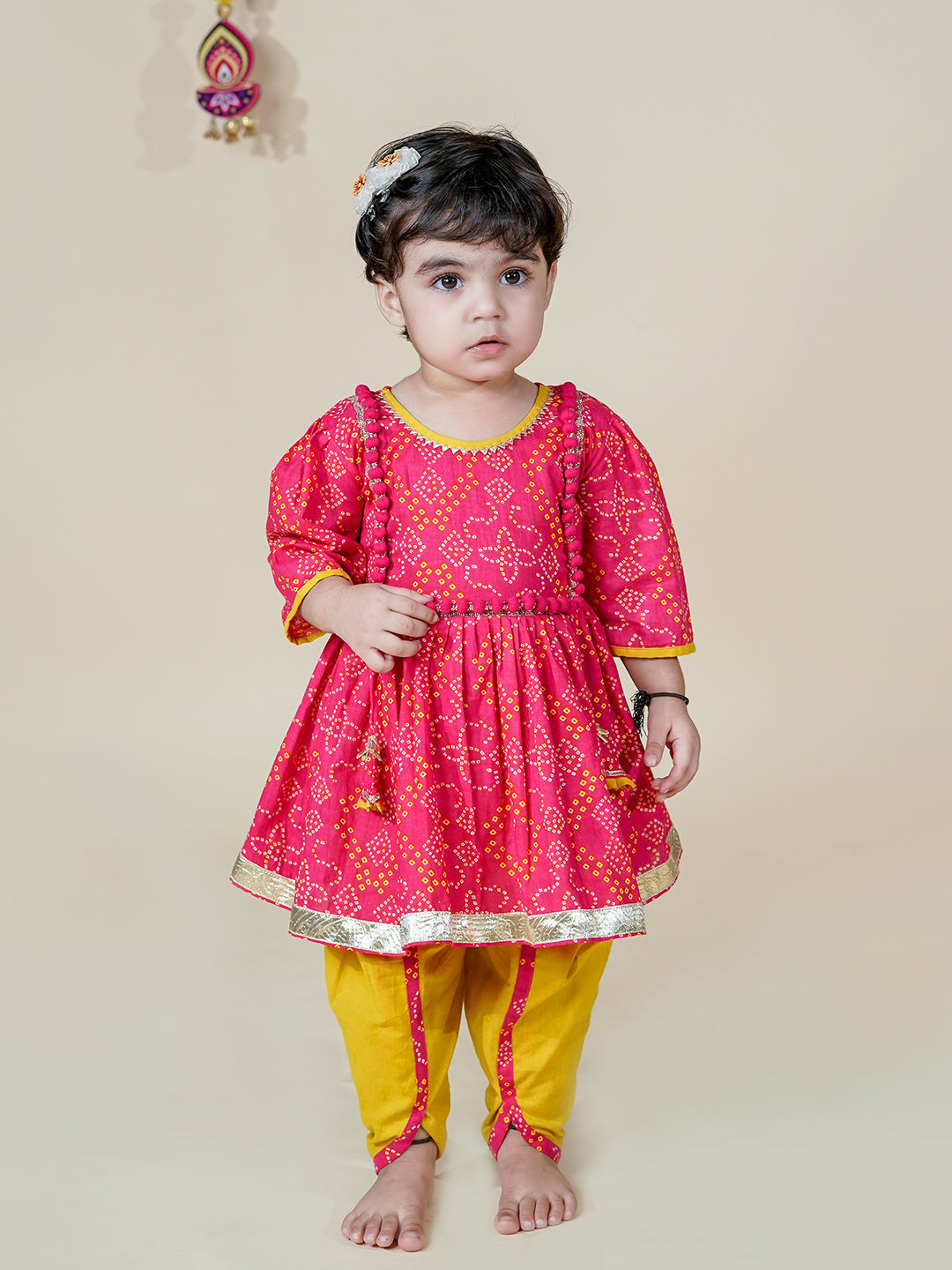 Baby Girl  pink and mustard Bandhani Kurti With Dhoti 
