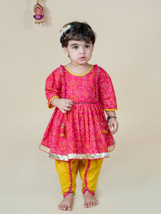 Baby Girl  pink and mustard Bandhani Kurti With Dhoti 