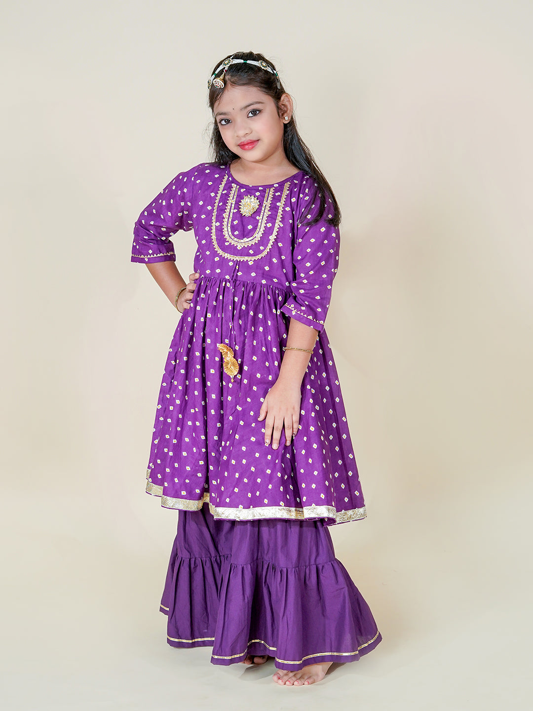 Royal Purple Bandhani Kurta Sharara Set for Girls