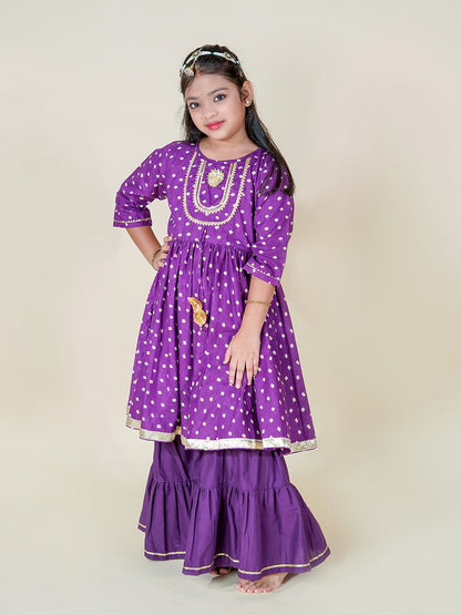 Royal Purple Bandhani Kurta Sharara Set for Girls