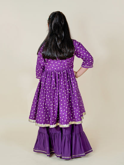 Royal Purple Bandhani Kurta Sharara Set for Girls