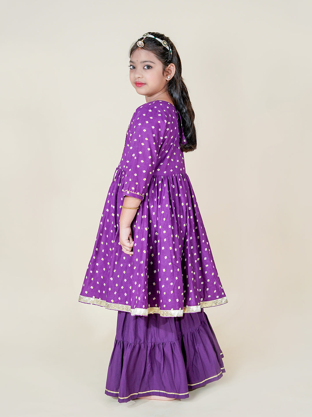 Royal Purple Bandhani Kurta Sharara Set for Girls