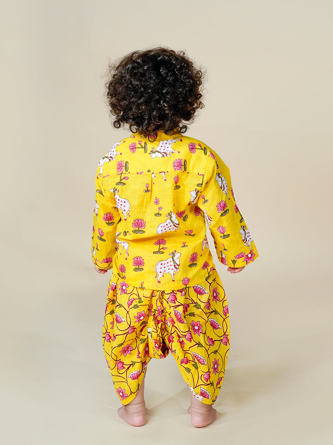 Little Krishna Vibes – Yellow Pichwai Dhoti Kurta for Baby Boys
