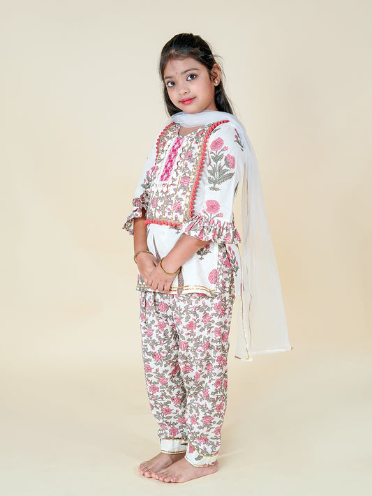 Floral Charm – White Printed Kurta Patiala Set for Girls