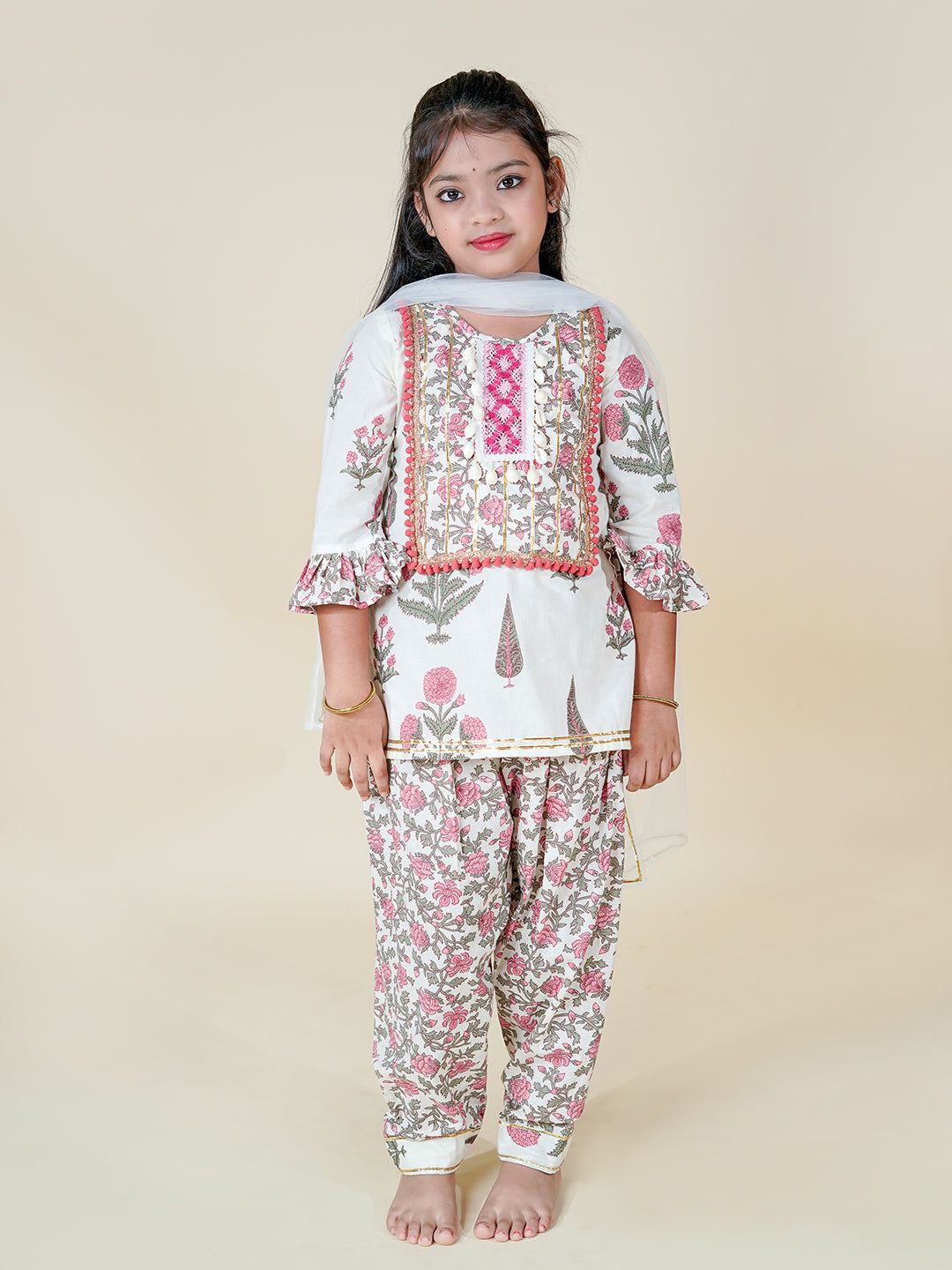 Floral Charm – White Printed Kurta Patiala Set for Girls