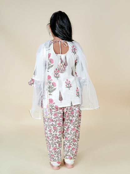 Floral Charm – White Printed Kurta Patiala Set for Girls