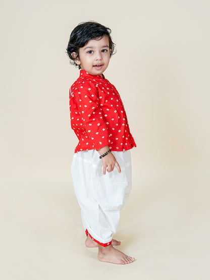 Little Nawab – Red Bandhani Kurta with White Dhoti