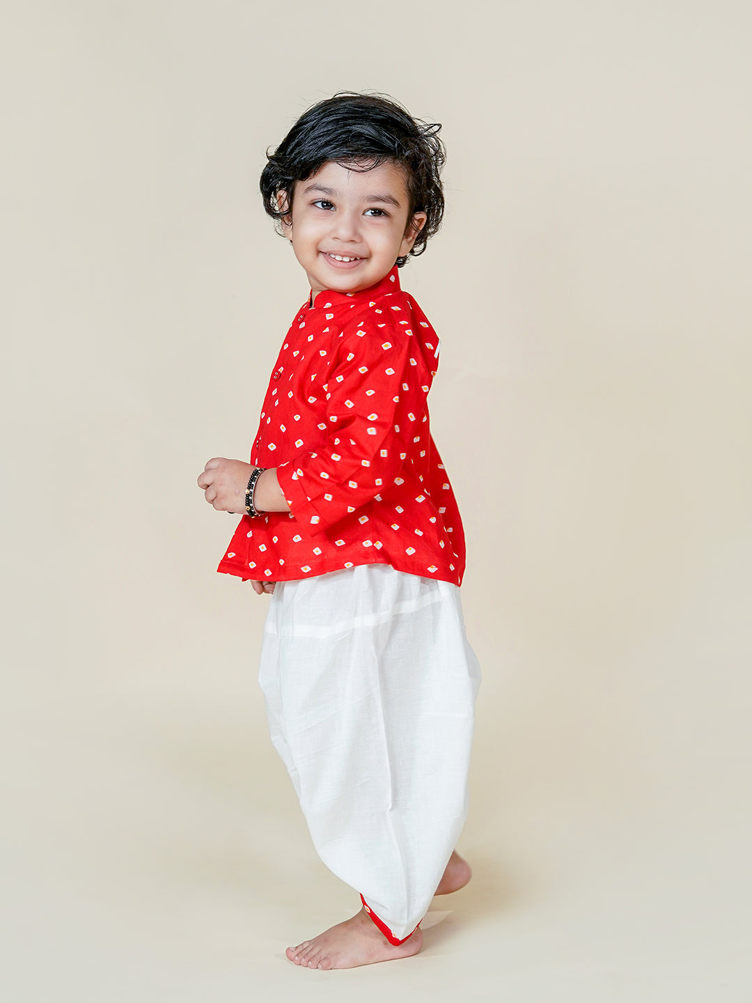 Little Nawab – Red Bandhani Kurta with White Dhoti