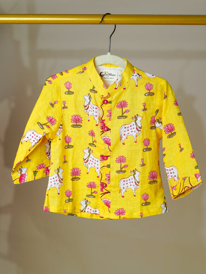 Little Krishna Vibes – Yellow Pichwai Dhoti Kurta for Baby Boys
