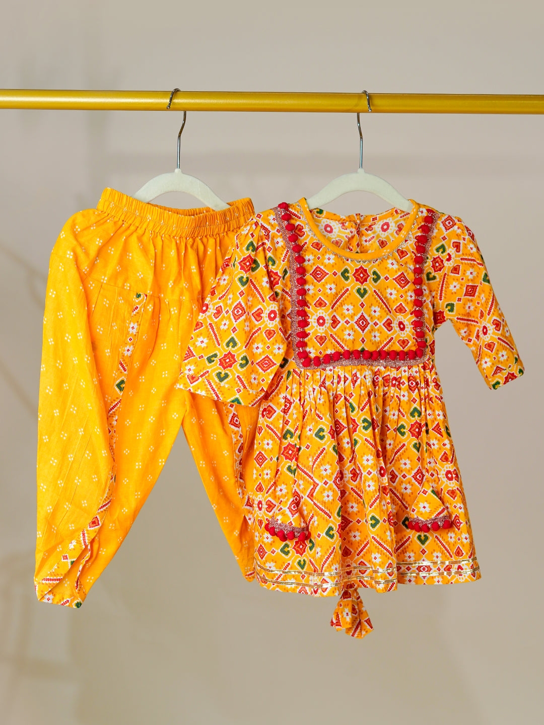 Festive Charm – Mustard Patola Kurti Dhoti Set for Baby Girls