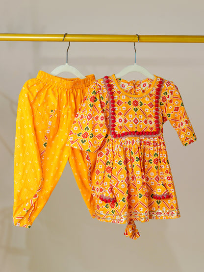 Festive Charm – Mustard Patola Kurti Dhoti Set for Baby Girls