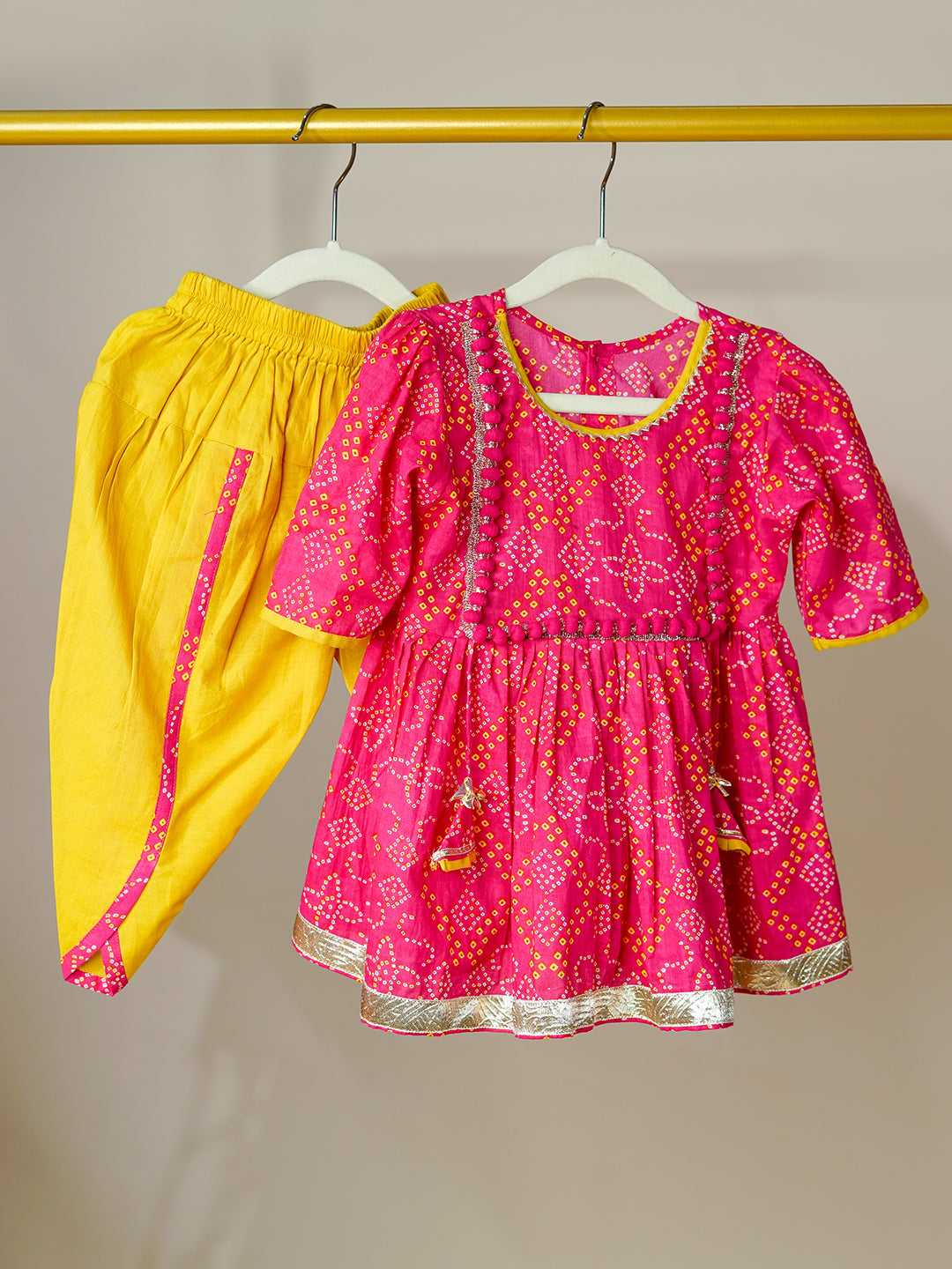 Baby Girl  pink and mustard Bandhani Kurti With Dhoti 