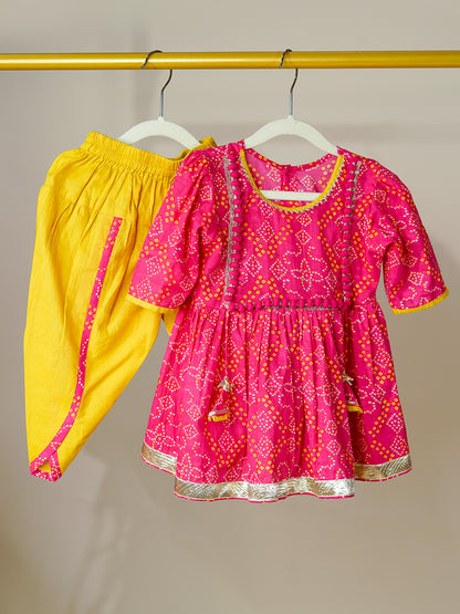 Baby Girl  pink and mustard Bandhani Kurti With Dhoti 