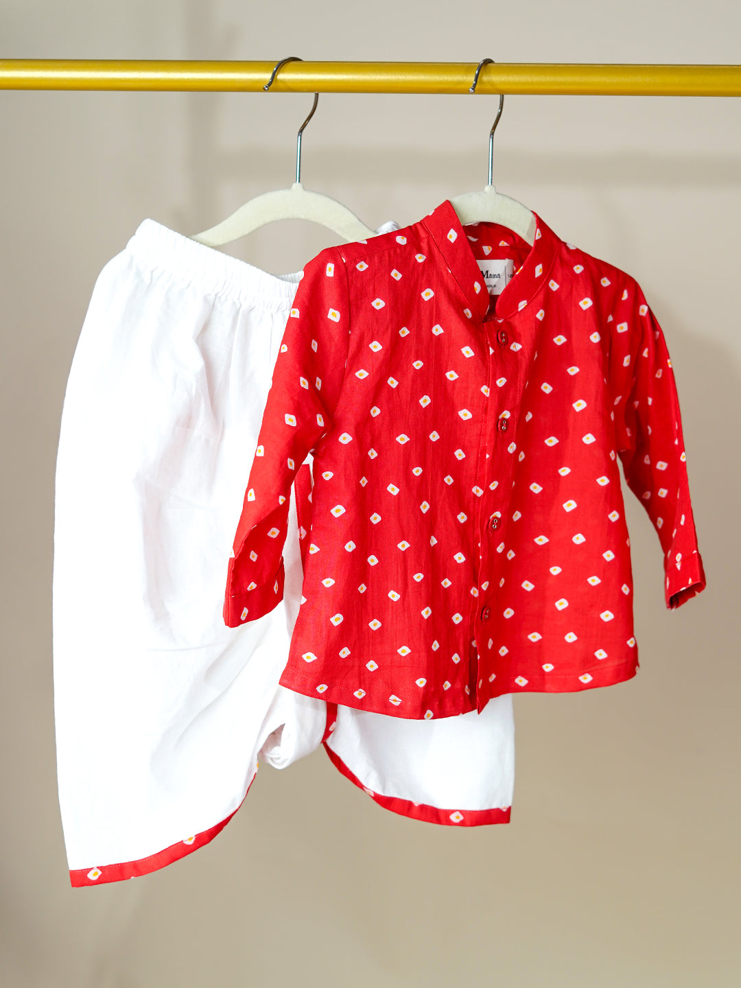 Little Nawab – Red Bandhani Kurta with White Dhoti