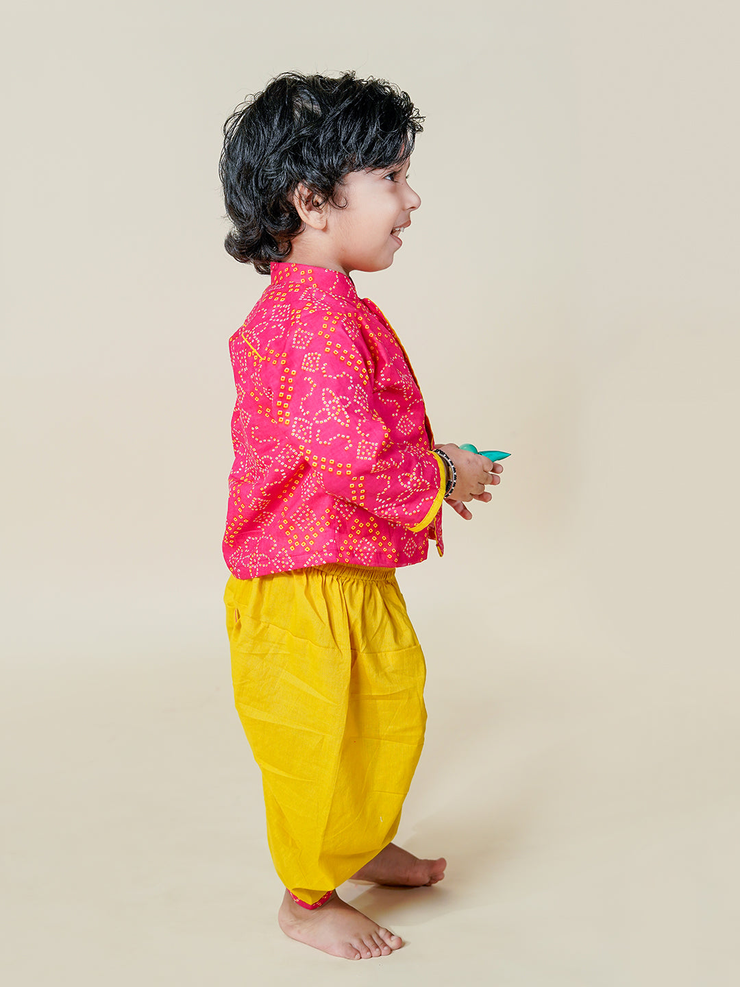 Utsav Vibes – Pink Bandhani Kurta Mustard Dhoti Set for Boys