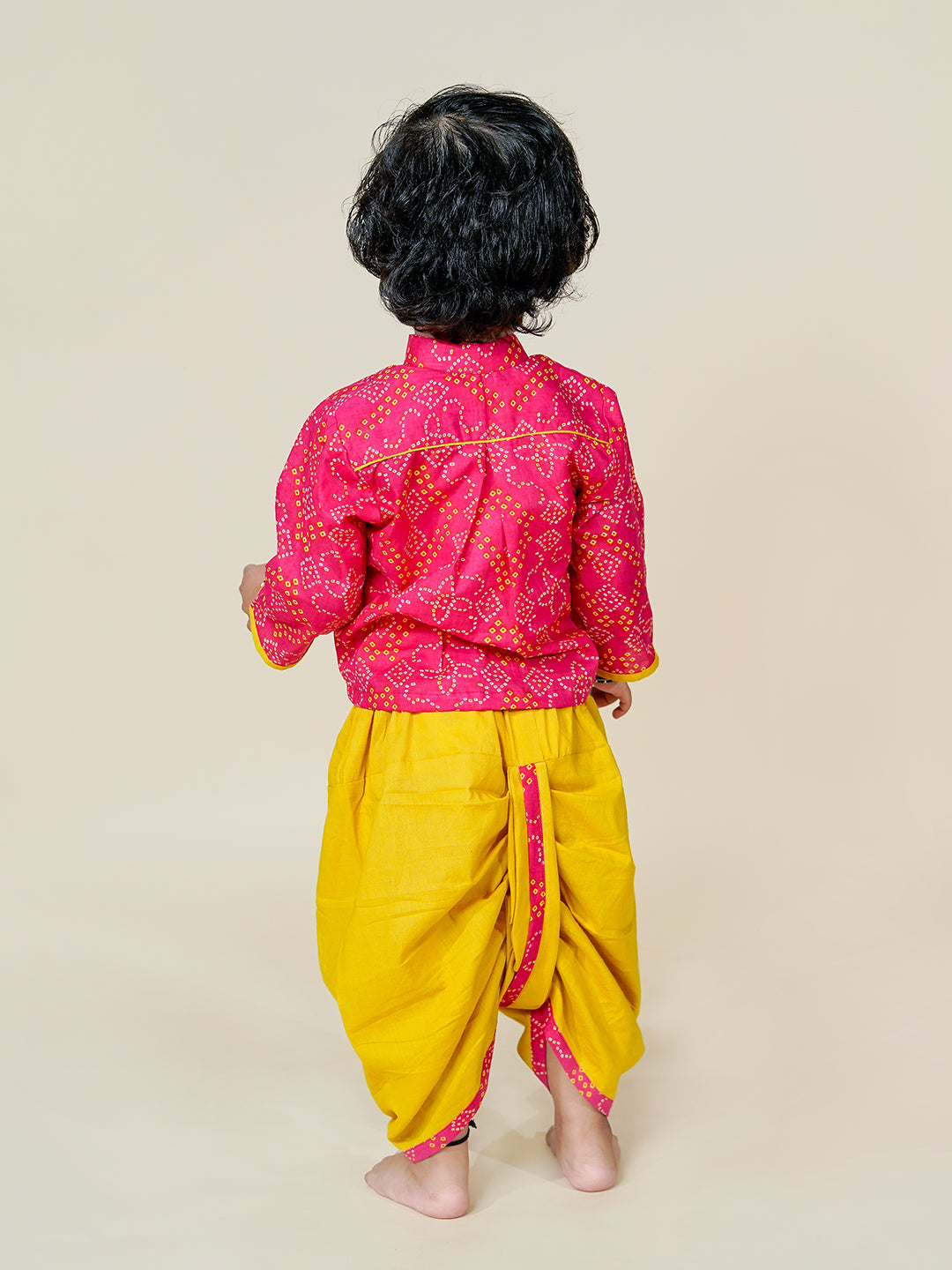 Utsav Vibes – Pink Bandhani Kurta Mustard Dhoti Set for Boys