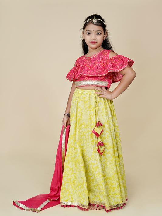 Pink And Yellow Cotton Ethnic Lehenga Set For Girls | Chanda Mama