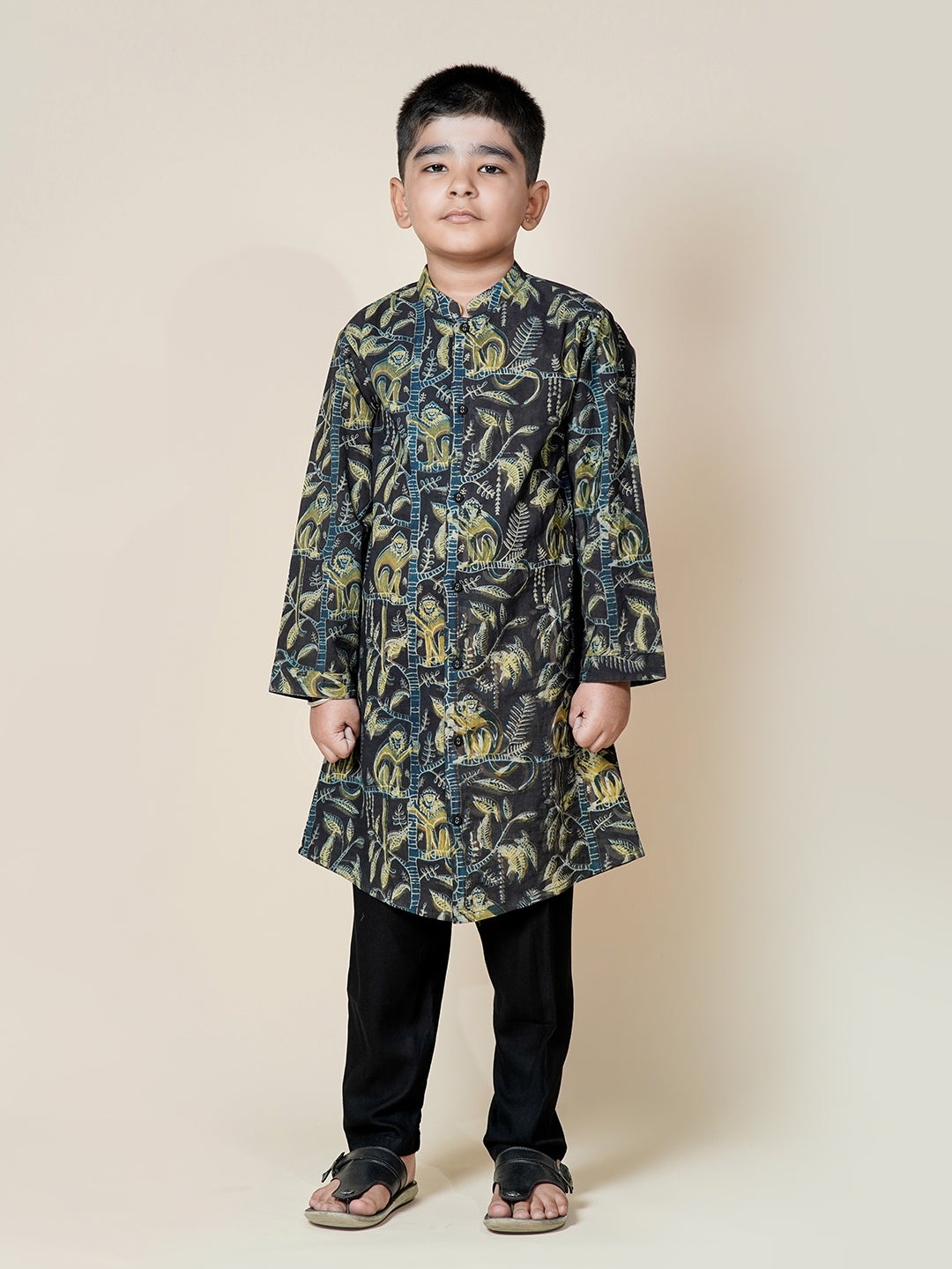 Monkey Tales – Black Cotton Kurta Set for Boys