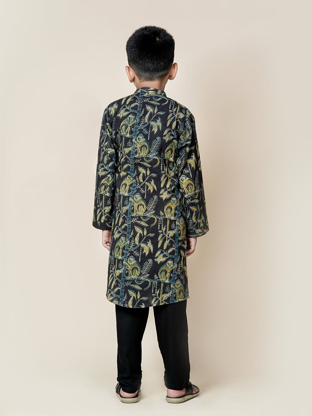 Monkey Tales – Black Cotton Kurta Set for Boys