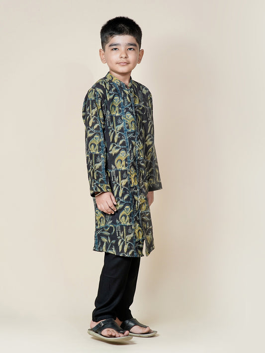 Monkey Tales – Black Cotton Kurta Set for Boys