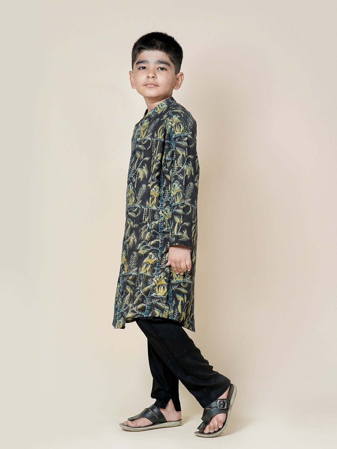 Monkey Tales – Black Cotton Kurta Set for Boys