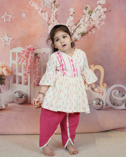 Girls Side knot Detail Pleated Kurti And Pink Dhoti Pant