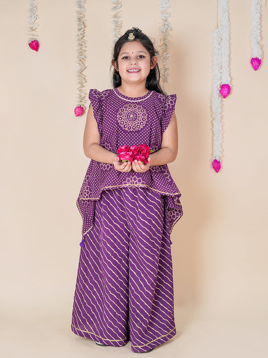  Girl Child in a purple traditional outfit with decorative elements on a beige background
