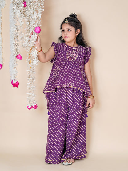  Girl Child in a purple traditional outfit with decorative elements on a beige background
