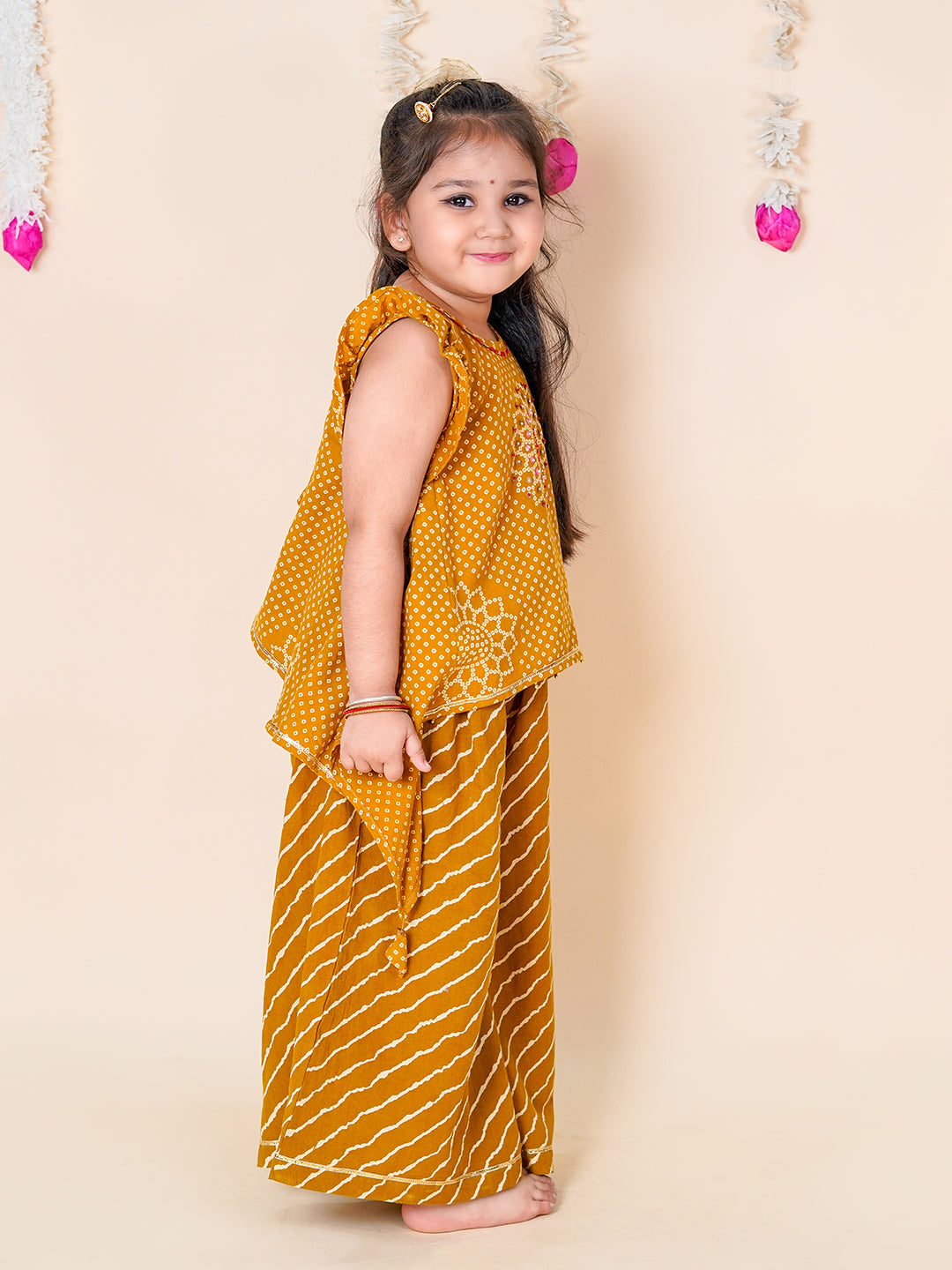 Mustard Bandhani Asymmetric Top & Palazzo