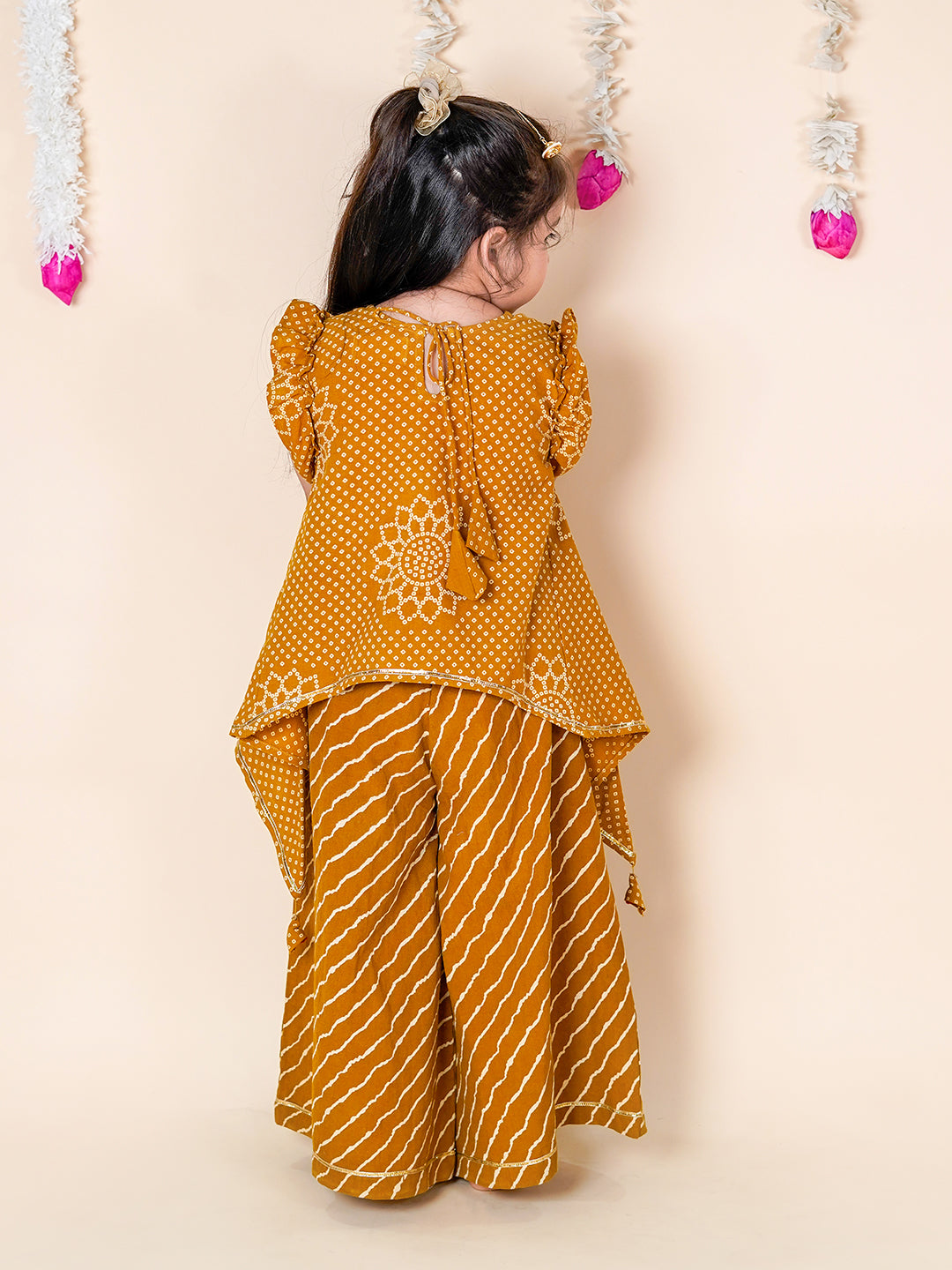 Mustard Bandhani Asymmetric Top & Palazzo