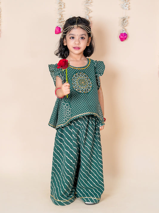 Girls Green Bandhani & leheriya Palazzo set 