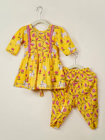 Divine Lotus & Cow Printed Girls Ethnic Set