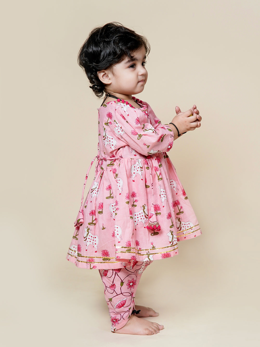 Divine Lotus & Cow Printed Girls Ethnic Set